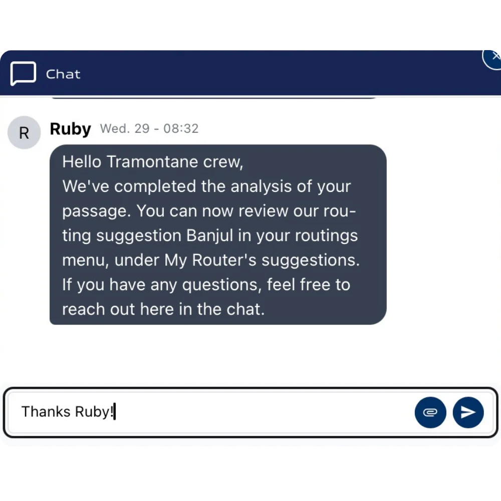 AI agent chat interface — weather routing assistant for offshore operations