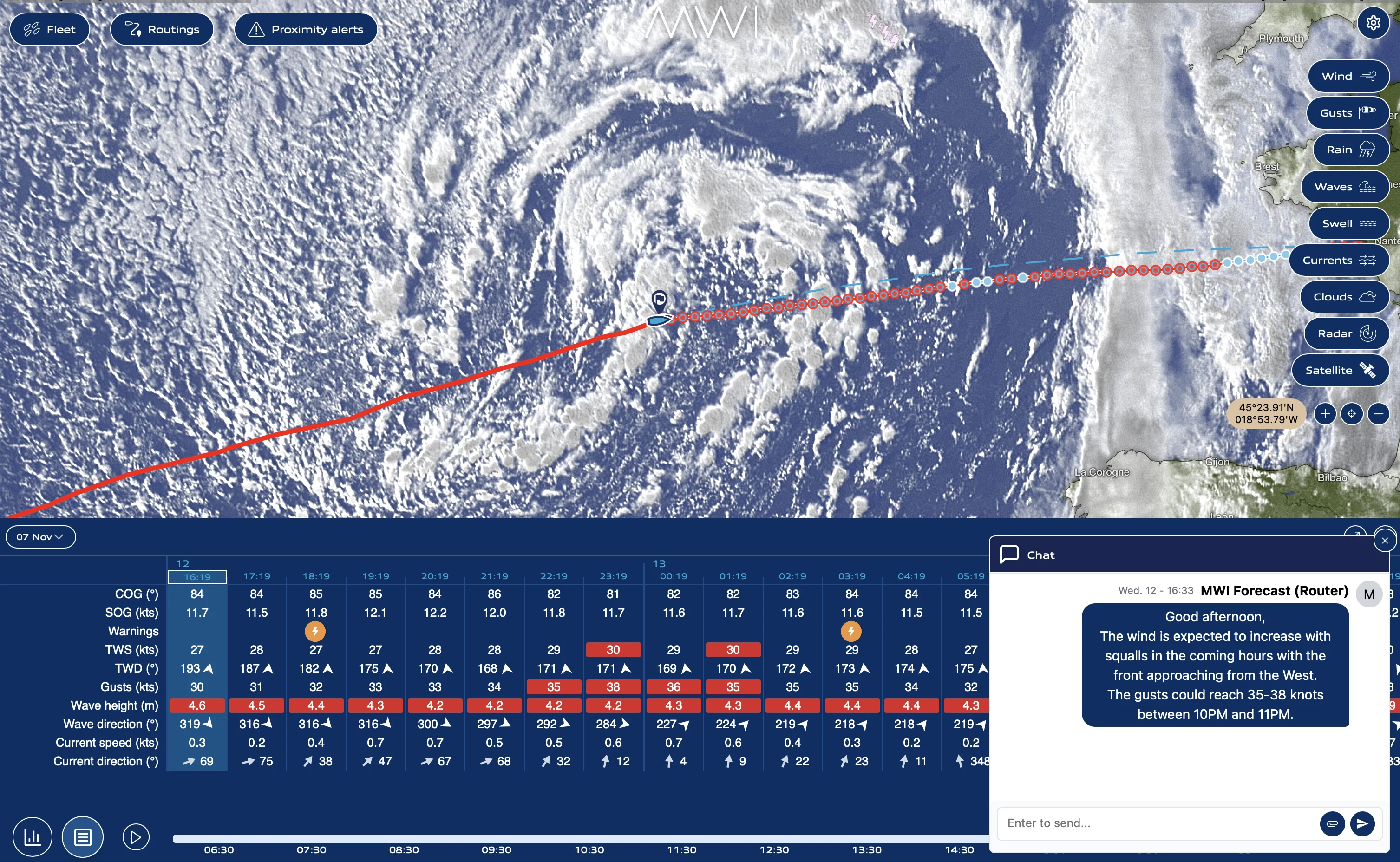 MWI AI agent monitoring — live weather routing and expert chat interface for offshore