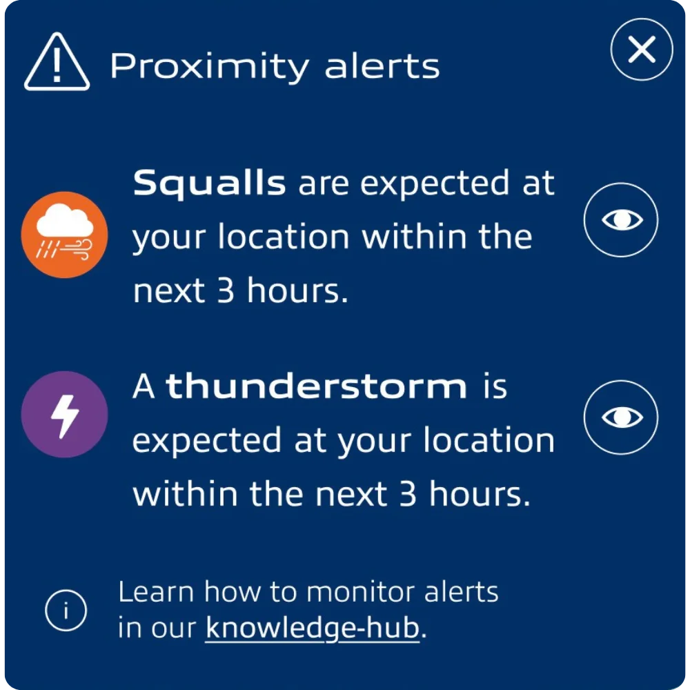 Proximity alerts panel showing weather threshold exceedances for offshore energy